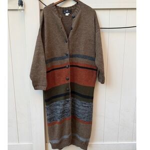 Peruvian Connection Wool Alpaca Long Duster Cardigan Sweater Brown Striped L
